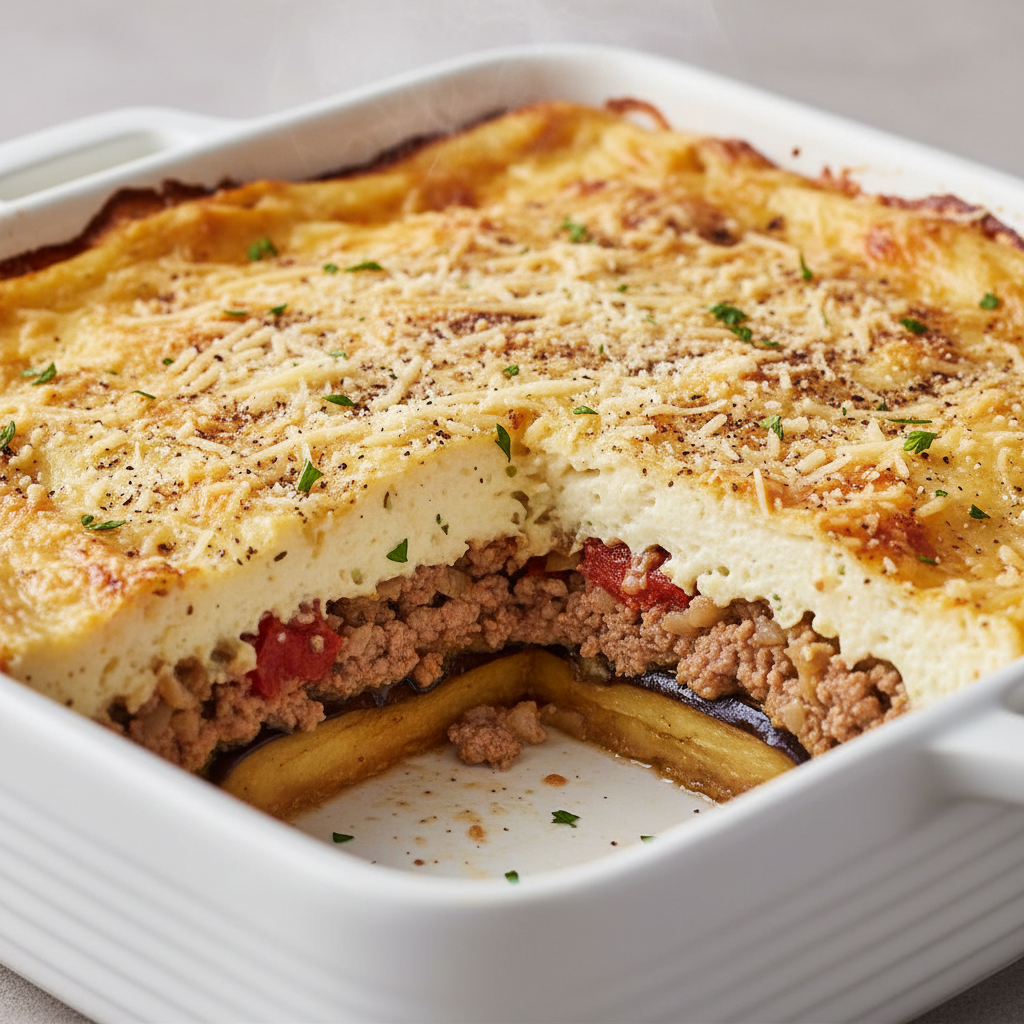 Moussaka griega en fuente para horno, con capas de berenjena y carne, recién salida del horno.