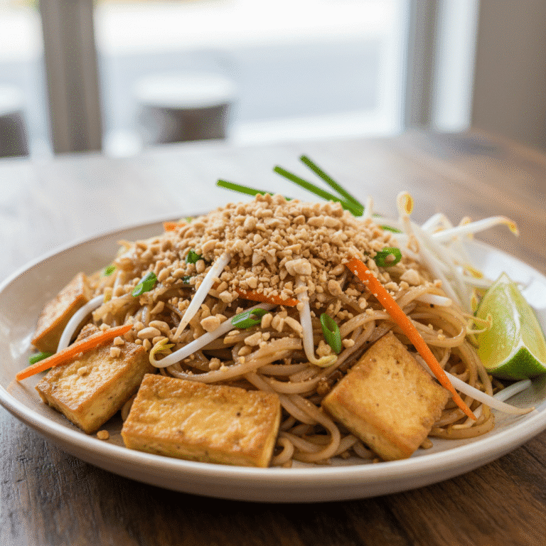 Delicioso Pad Thai servido con cacahuetes y lima, hecho con el robot Mambo de Cecotec.