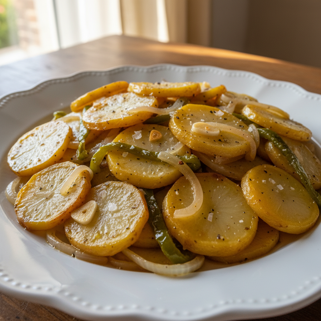 Plato de patatas a lo pobre confitadas, doradas y jugosas, preparadas con Mambo de Cecotec.