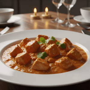 Plato de Pollo a la Mantequilla con cilantro, cocinado en Mambo de Cecotec, mostrando una textura suave y cremosa.