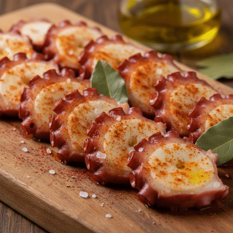 Plato de pulpo a la gallega con pimentón y aceite de oliva sobre plato de madera.