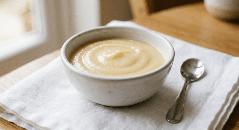 Puré de chirivía servido en un cuenco blanco, con textura suave y perfecto para la introducción alimenticia de bebés.