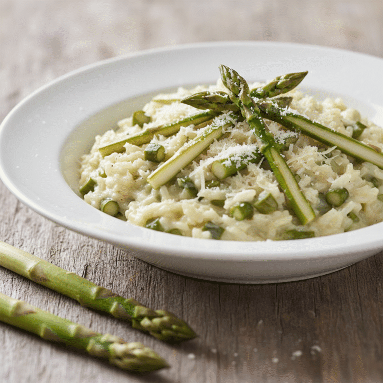 Plato de risotto de espárragos trigueros, cremoso y espolvoreado con parmesano, preparado con Mambo.