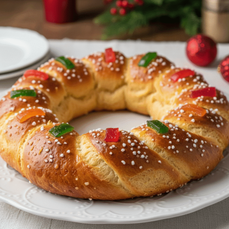 Roscón de Reyes esponjoso decorado con frutas confitadas y azúcar perlado, preparado con Mambo.