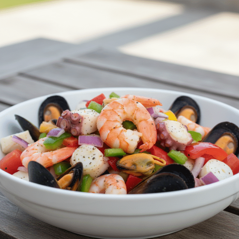 Plato de salpicón de marisco con colores vibrantes, preparado con Mambo de Cecotec, mostrando camarones, pulpo, pimientos y tomate.
