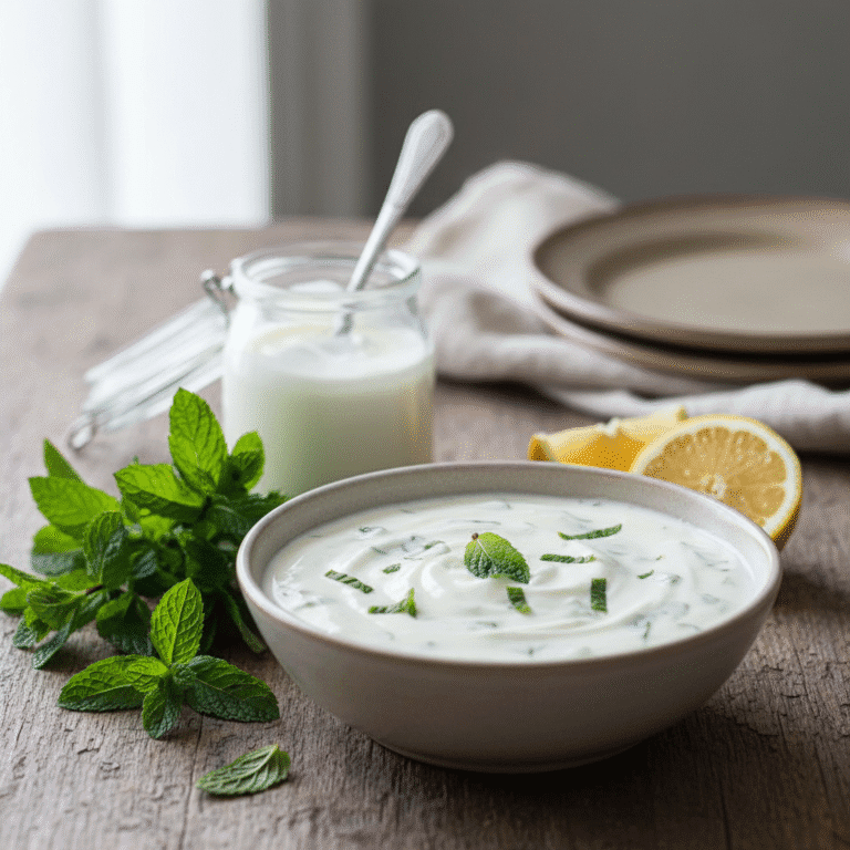 Bol de salsa de yogur y menta, preparada con Mambo de Cecotec, sobre fondo de madera.
