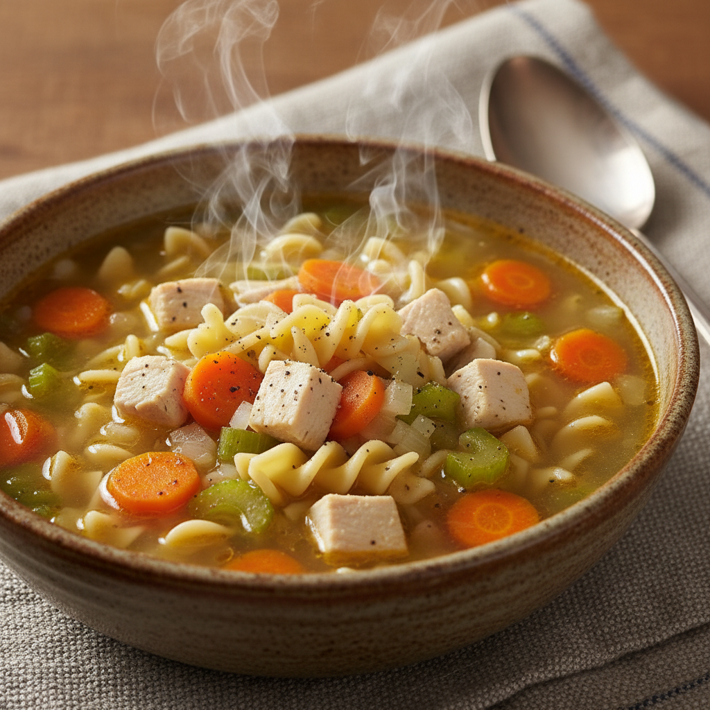 Tazón de sopa de fideos con pollo y verduras, hecho en Mambo de Cecotec, con caldo sustancioso y colores vibrantes.