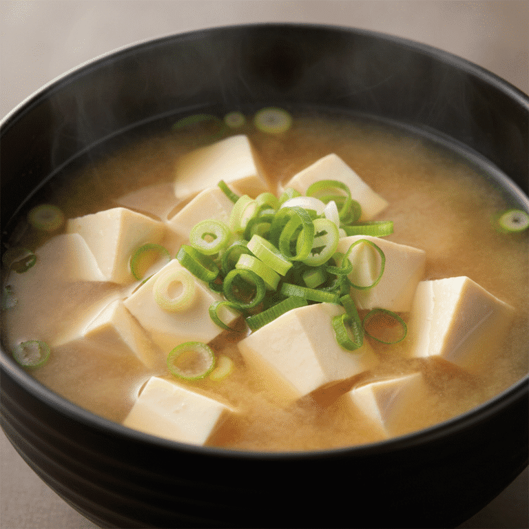 Sopa miso con tofu y cebolla verde preparada en el robot de cocina Mambo de Cecotec, mostrando texturas y colores suaves.