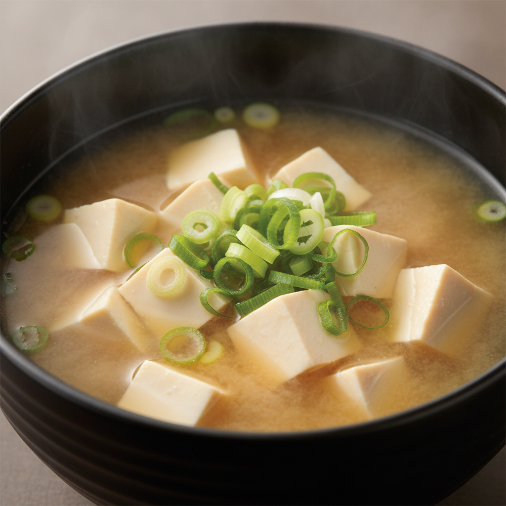 Sopa miso con tofu y cebolla verde preparada en el robot de cocina Mambo de Cecotec, mostrando texturas y colores suaves.