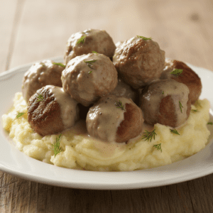 Plato de albóndigas suecas en salsa de crema preparadas con Mambo de Cecotec.