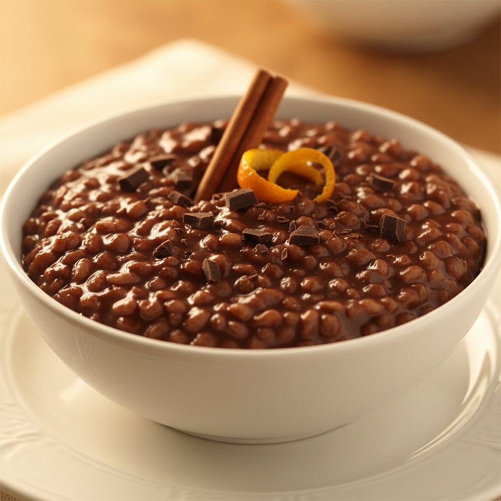 Plato de arroz con leche de chocolate hecho con Mambo de Cecotec, servido con nata y canela.