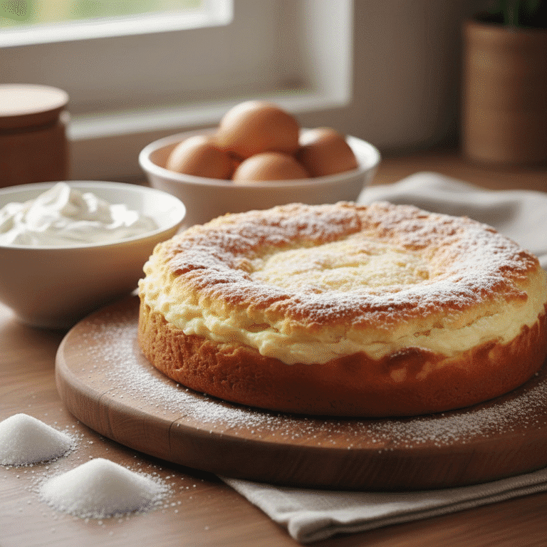 Bica Gallega dorada y esponjosa, servida en una mesa de madera junto a una taza de café.