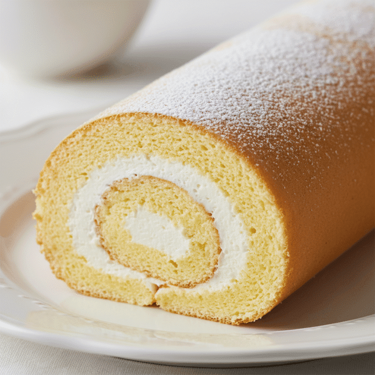 Brazo de gitano relleno de nata, cortado y servido en plato decorativo, preparado con Mambo de Cecotec.