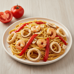 Fideuá de mariscos cocinada en el robot Mambo de Cecotec, con gambas, calamares y pimientos rojos.