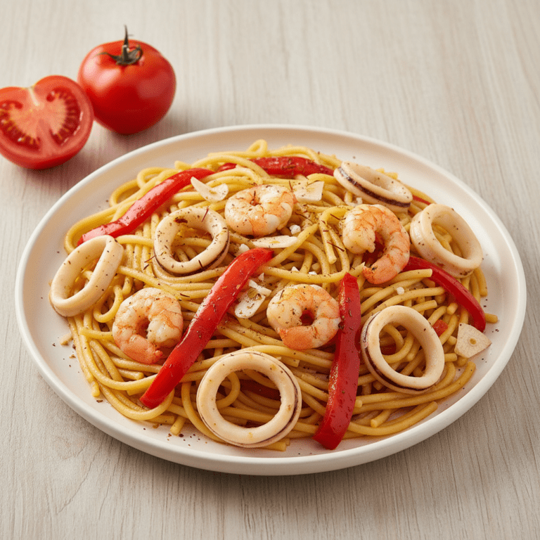 Fideuá de mariscos cocinada en el robot Mambo de Cecotec, con gambas, calamares y pimientos rojos.