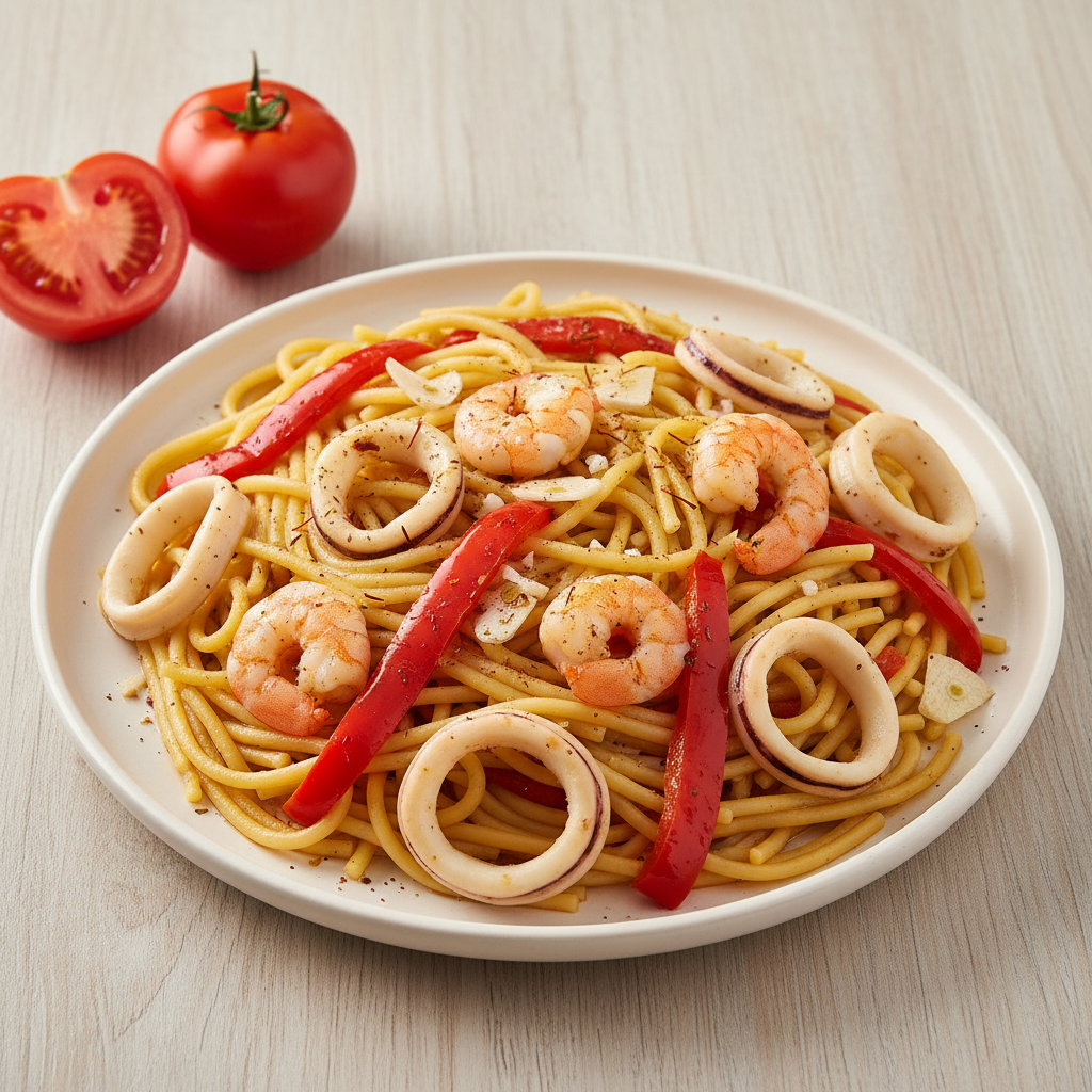 Fideuá de mariscos cocinada en el robot Mambo de Cecotec, con gambas, calamares y pimientos rojos.