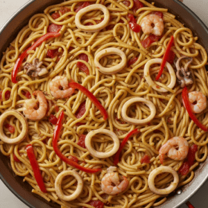 Plato de fideuá tradicional con gambas, calamares y fideos, cocinado con Mambo de Cecotec.