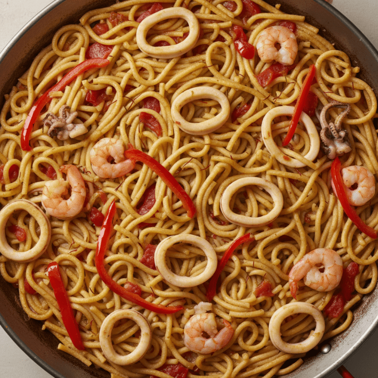 Plato de fideuá tradicional con gambas, calamares y fideos, cocinado con Mambo de Cecotec.