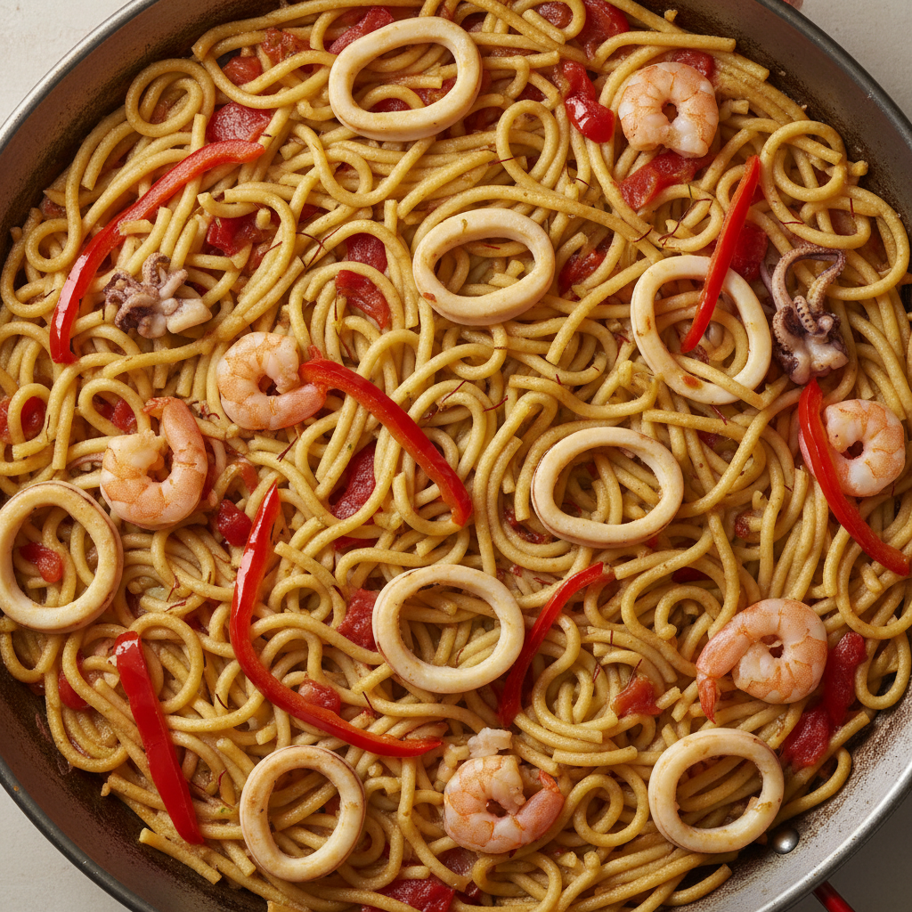 Plato de fideuá tradicional con gambas, calamares y fideos, cocinado con Mambo de Cecotec.