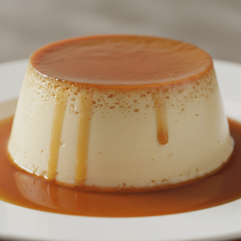 Flan de queso crema denso en un plato, con textura suave y caramelo brillante, preparado con el robot Mambo de Cecotec.
