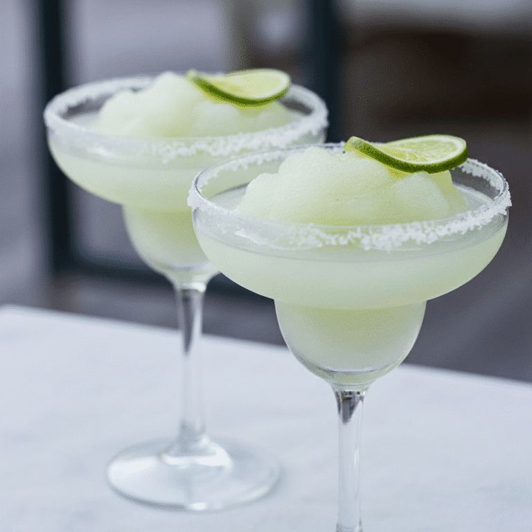 Vaso de granizado de margarita con bordes de sal y rodaja de lima, preparado con Mambo de Cecotec.