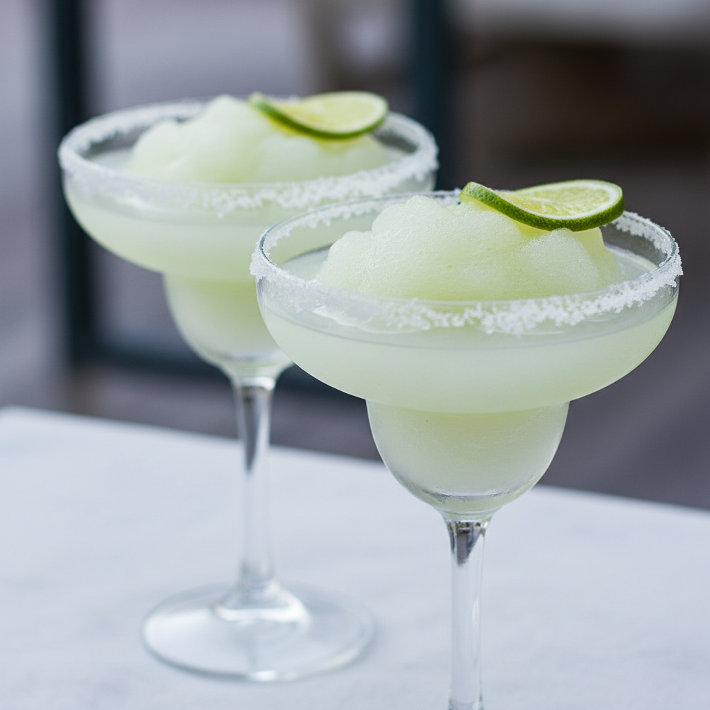 Vaso de granizado de margarita con bordes de sal y rodaja de lima, preparado con Mambo de Cecotec.