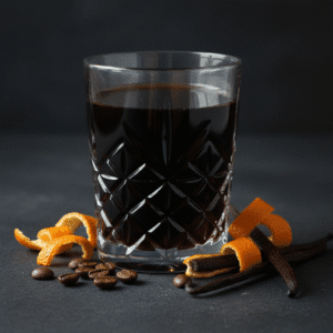 Licor de café casero en botella, con vainilla y café alrededor, hecho con Mambo
