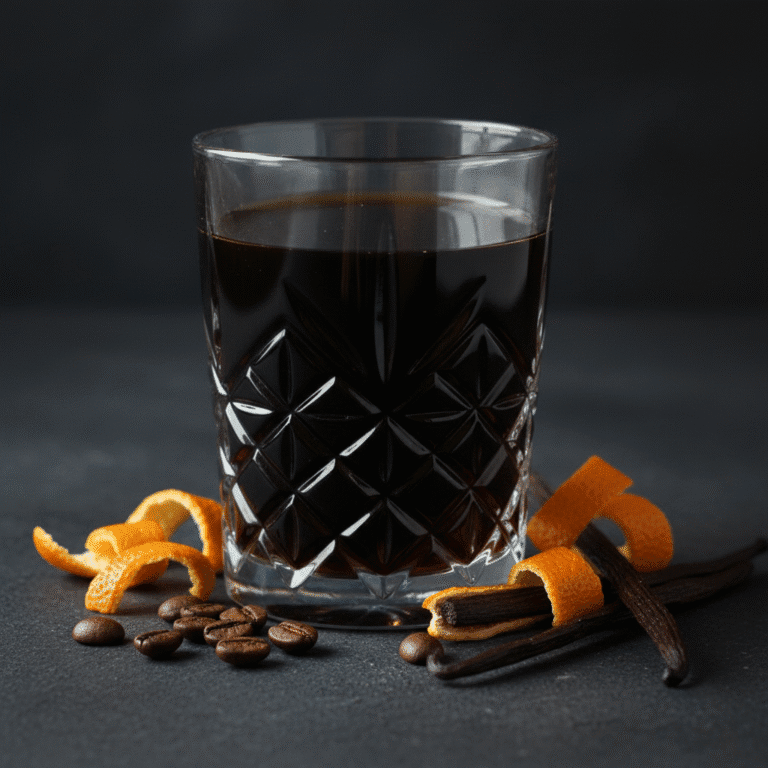 Licor de café casero en botella, con vainilla y café alrededor, hecho con Mambo