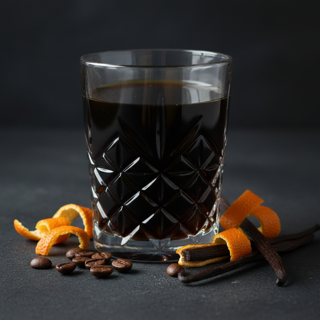 Licor de café casero en botella, con vainilla y café alrededor, hecho con Mambo