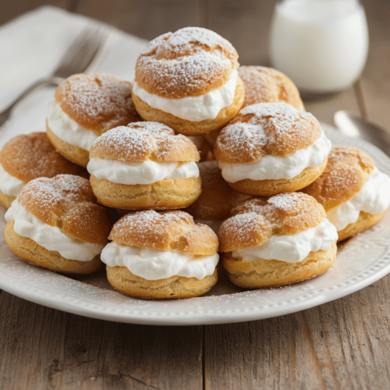 Profiteroles de crema dorados sobre un plato decorativo, preparados con el robot Mambo de Cecotec.