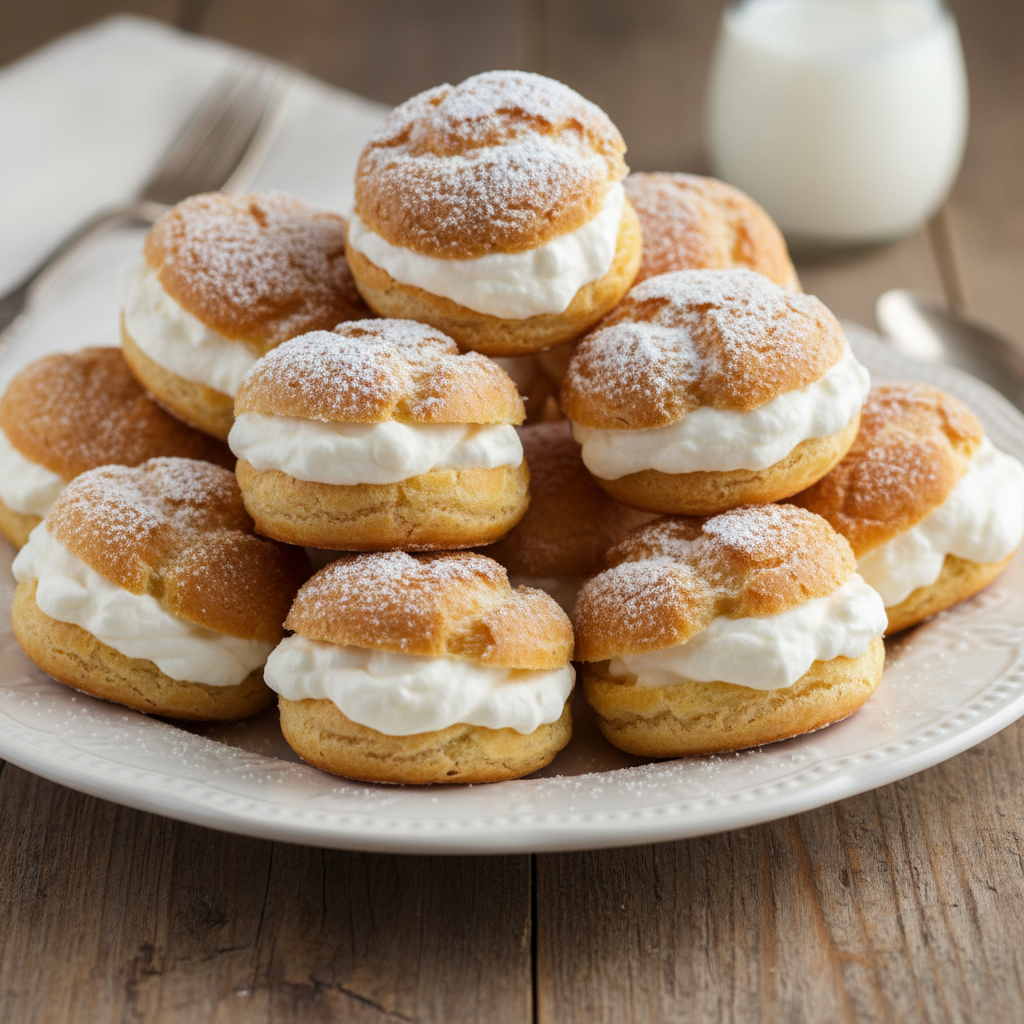 Profiteroles de crema dorados sobre un plato decorativo, preparados con el robot Mambo de Cecotec.