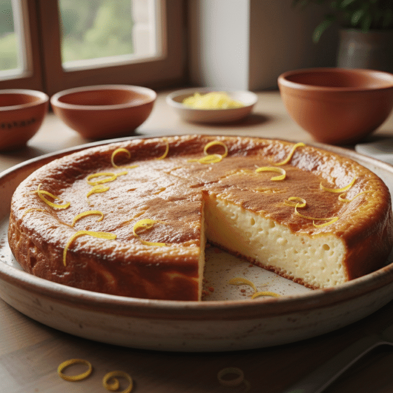 Quesada pasiega dorada y esponjosa hecha con Mambo de Cecotec en un plato blanco con miel y frutas.