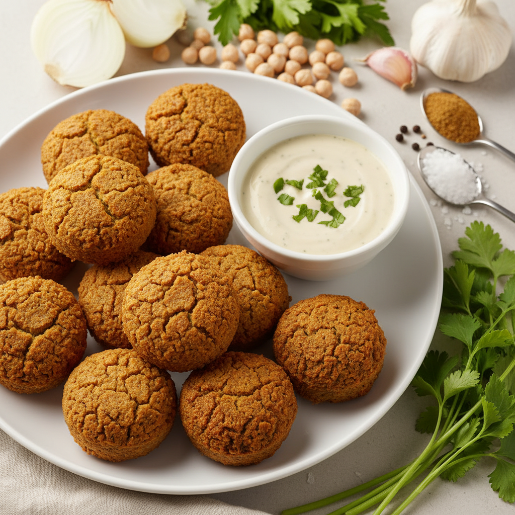Falafel dorado y crujiente preparado con Mambo de Cecotec, servido con salsa tahini.