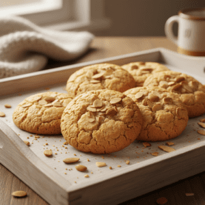 Galletas de almendra doradas hechas con el robot Mambo de Cecotec, servidas en una mesa de madera.