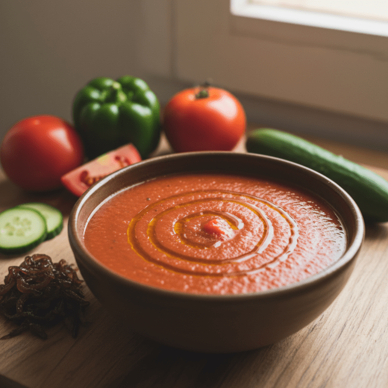 Gazpacho rojo fresco en un bol, preparado con el robot Mambo de Cecotec, decorado con aceite de oliva y albahaca.