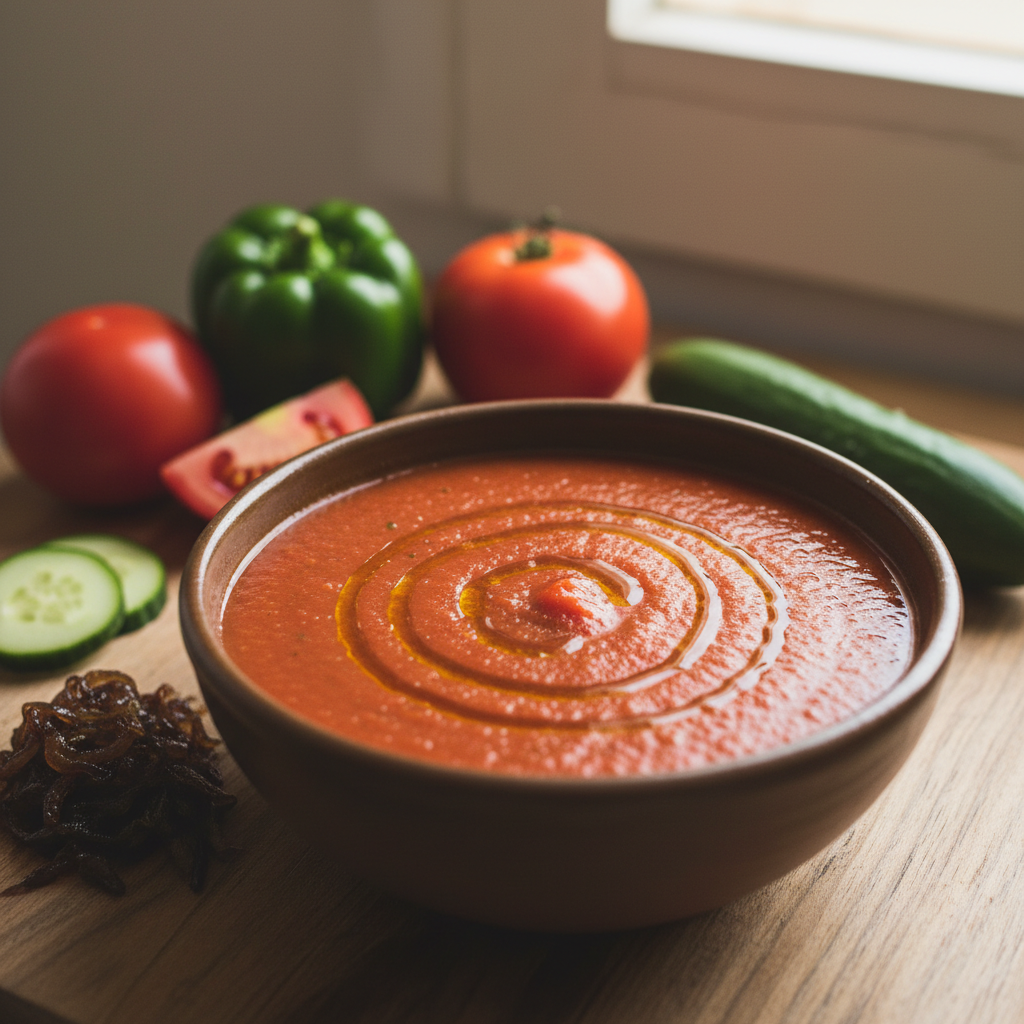Gazpacho rojo fresco en un bol, preparado con el robot Mambo de Cecotec, decorado con aceite de oliva y albahaca.