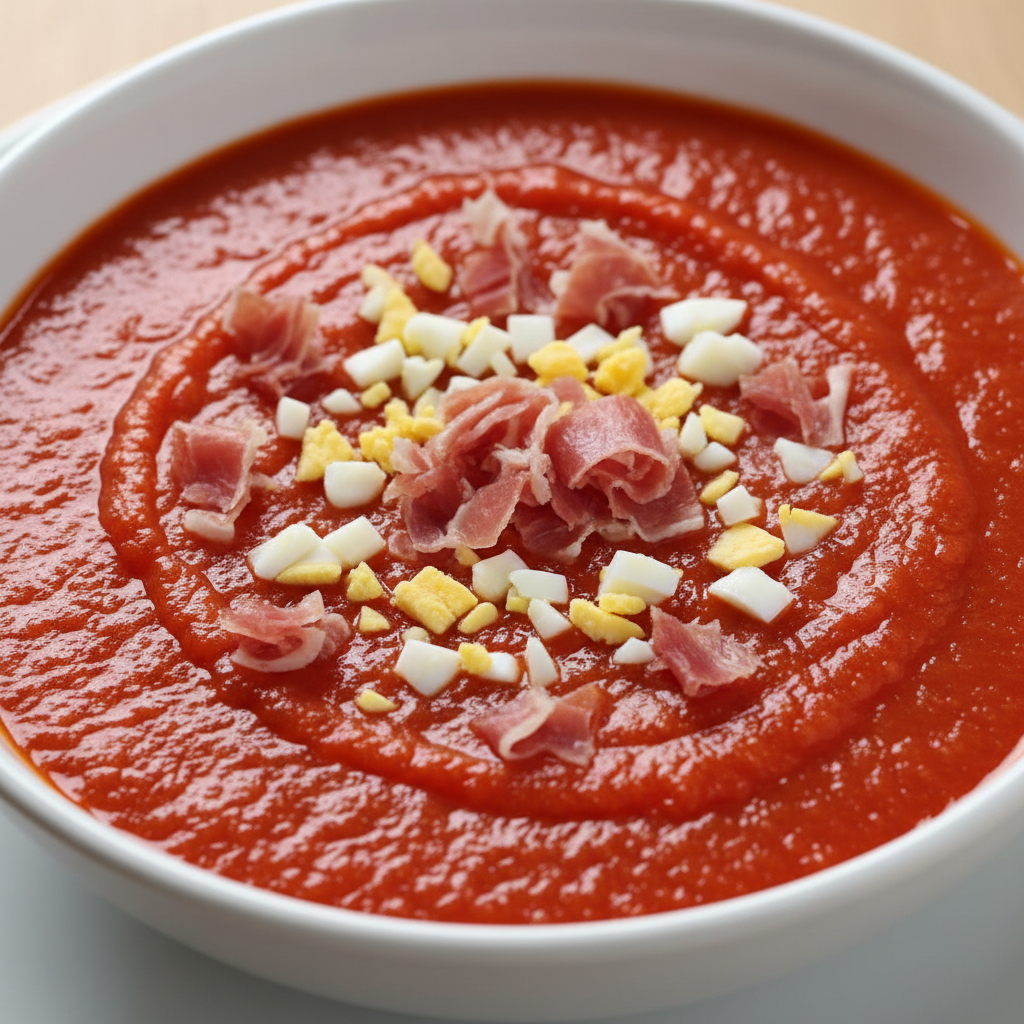 Cuenco de salmorejo cremoso con huevo y jamón, hecho con el robot Mambo de Cecotec.