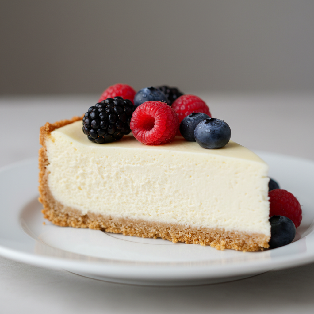 Foto de una tarta de queso cremosa, con base de galleta, preparada con el robot Mambo de Cecotec.