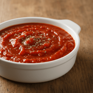 Un bol de tomate frito casero preparado en Mambo de Cecotec, con una cuchara de madera y albahaca fresca.