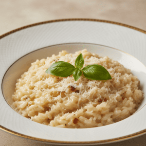 Un delicioso plato de risotto cremoso, cocinado a la perfección con el robot de cocina Mambo de Cecotec.