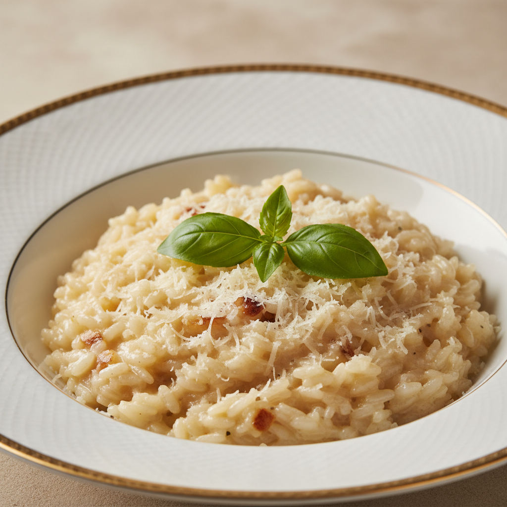 Un delicioso plato de risotto cremoso, cocinado a la perfección con el robot de cocina Mambo de Cecotec.