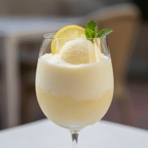 Sorbete de limón al cava servido en una copa de vino con decoración de limón y menta, preparado con Mambo.