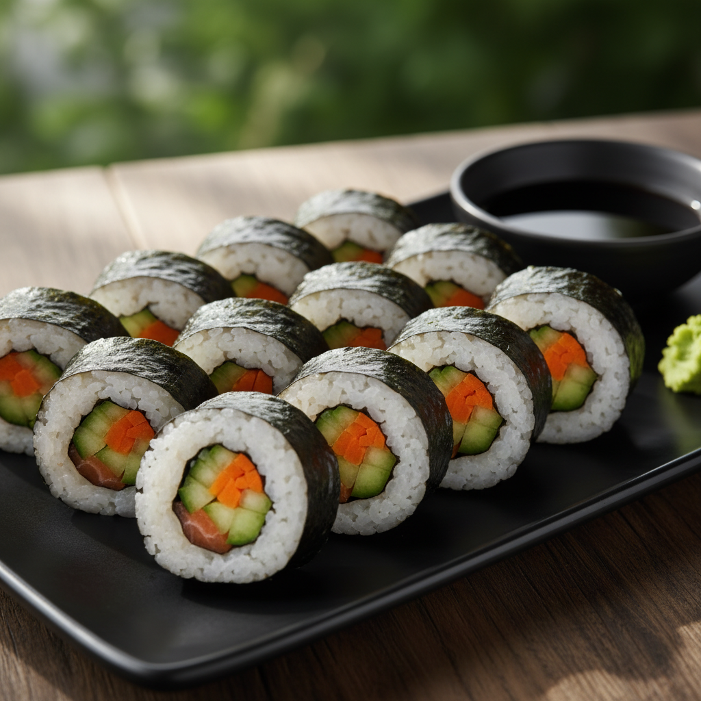 Sushi al vapor con salmón y verduras, preparado en un robot de cocina Mambo.