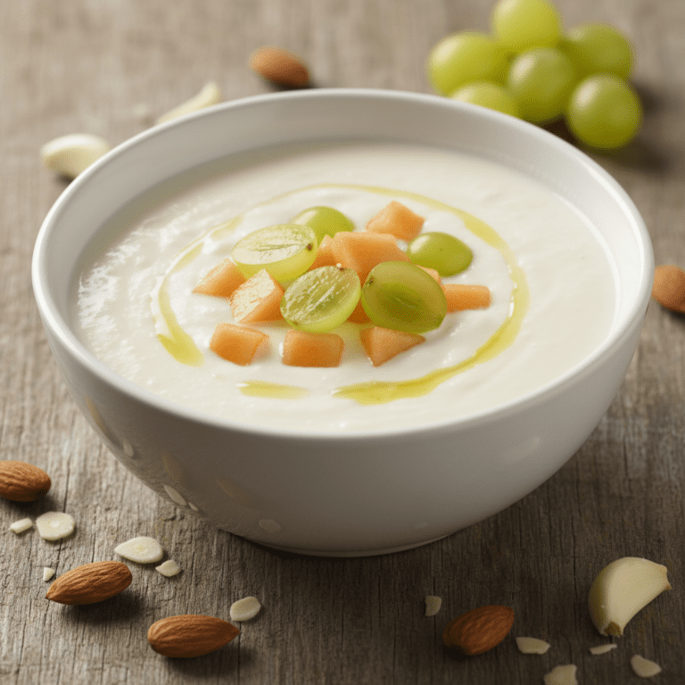 Ajoblanco tradicional servido con uvas, preparado con Mambo de Cecotec