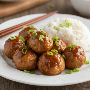Albóndigas doradas en salsa oriental, preparadas con el robot de cocina Mambo de Cecotec.