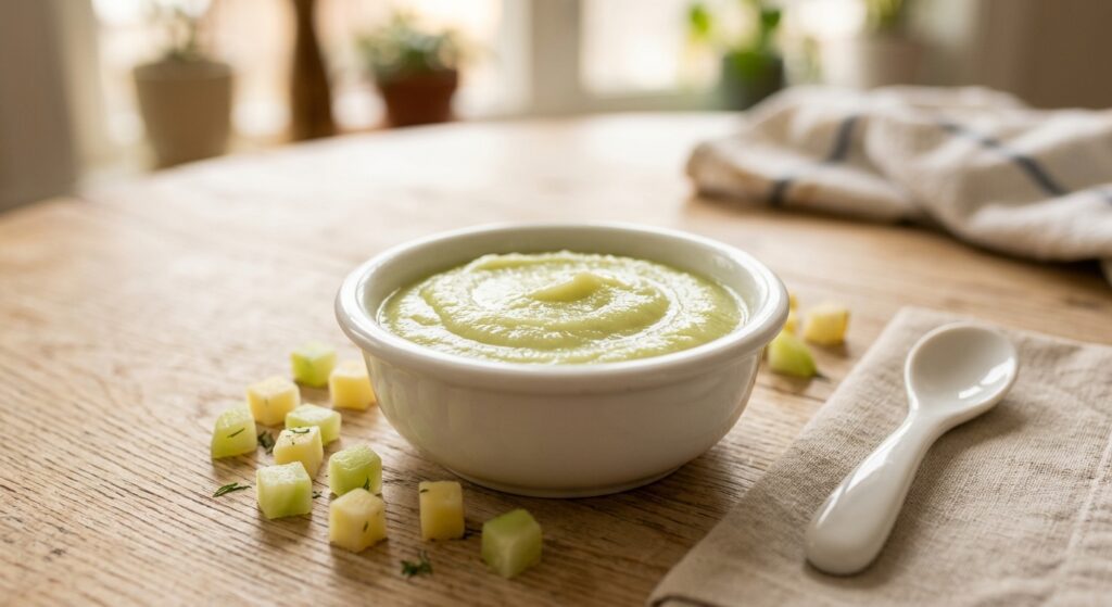 Crema de chayote al vapor en un tazón blanco, preparada con Mambo de Cecotec, ideal para la alimentación de bebés.
