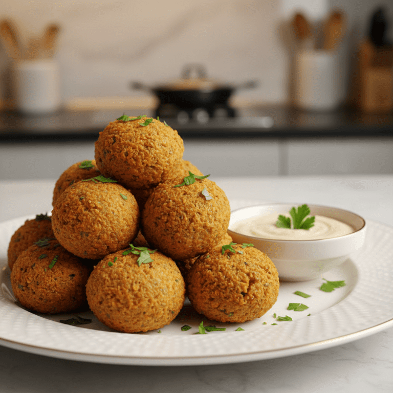 Falafel dorado y crujiente hecho en Mambo de Cecotec, servido con salsa tahini.