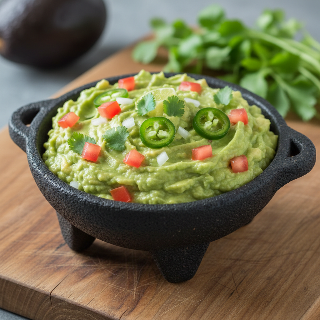 Bowl de guacamole fresco preparado con robot de cocina Mambo, adornado con cilantro y lima.