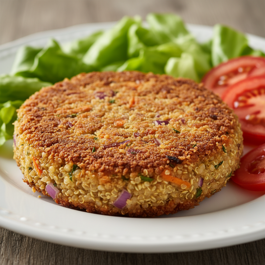 Hamburguesa de quinoa cocinada en un robot Mambo de Cecotec, presentada en un plato sencillo con fondo de cocina moderna.