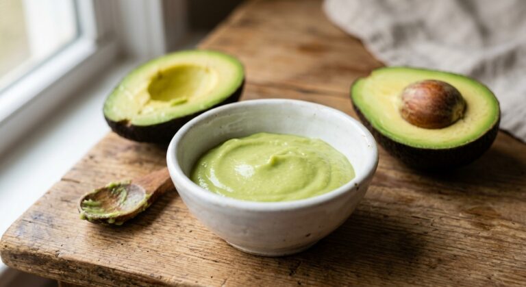 Papilla de aguacate verde y cremosa preparada para bebés, ideal para introducir alimentos sólidos.